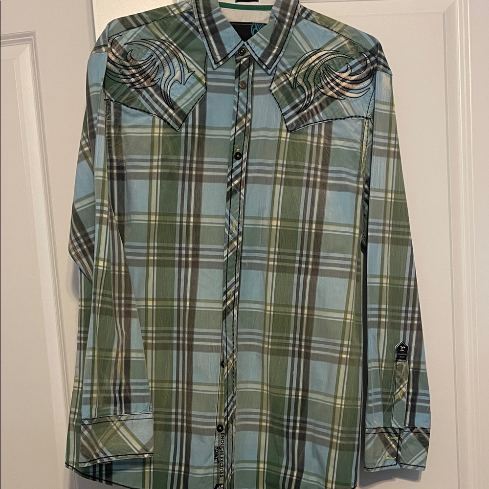 Roar Men's Plaid Button-Down Shirt - Blue and Green